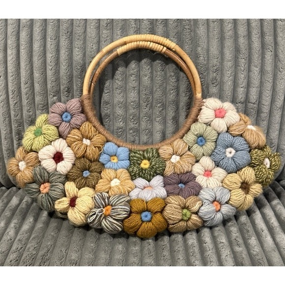 JP & Mattie Handbags - JP & Mattie Handbag Purse Quilt Crochet Vintage Boho Bamboo Handles Multicolor